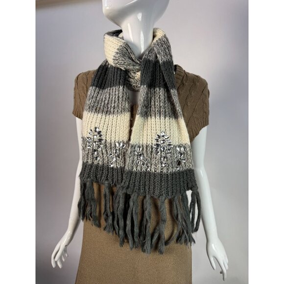 Charming Charlie Gray & Ivory Striped Knit Scarf W/ Rhinestone Embellishments & - Picture 12 of 12